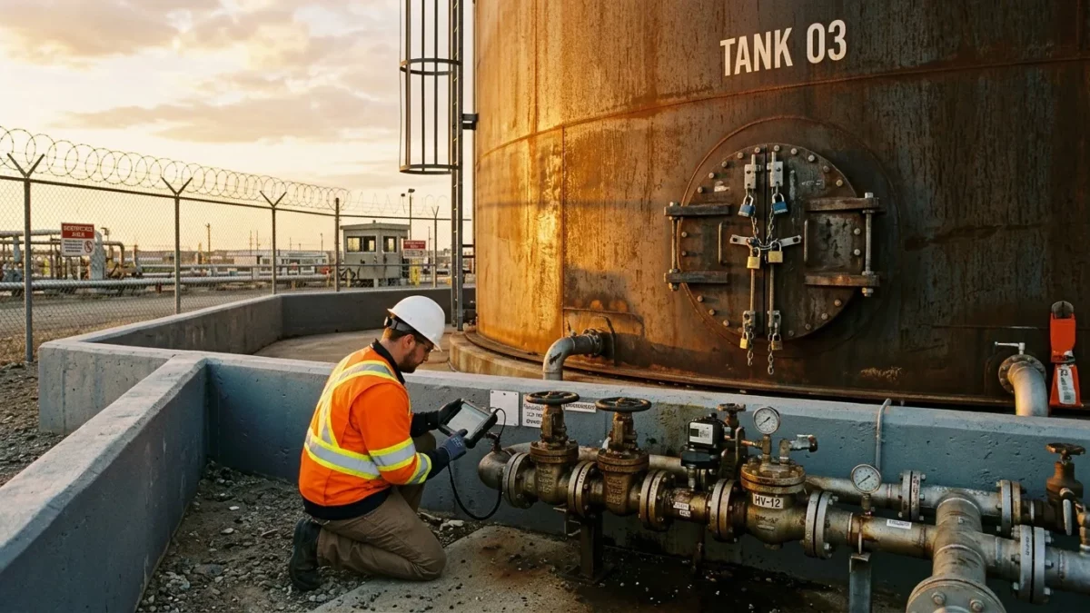 Ouvrier inspectant les vannes d'un réservoir Tank 03