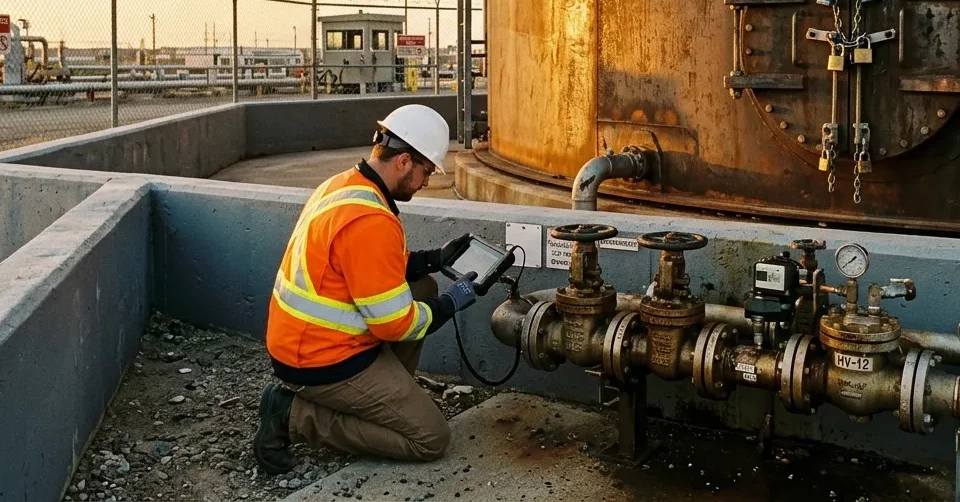 Ouvrier inspectant les vannes d'un réservoir Tank 03