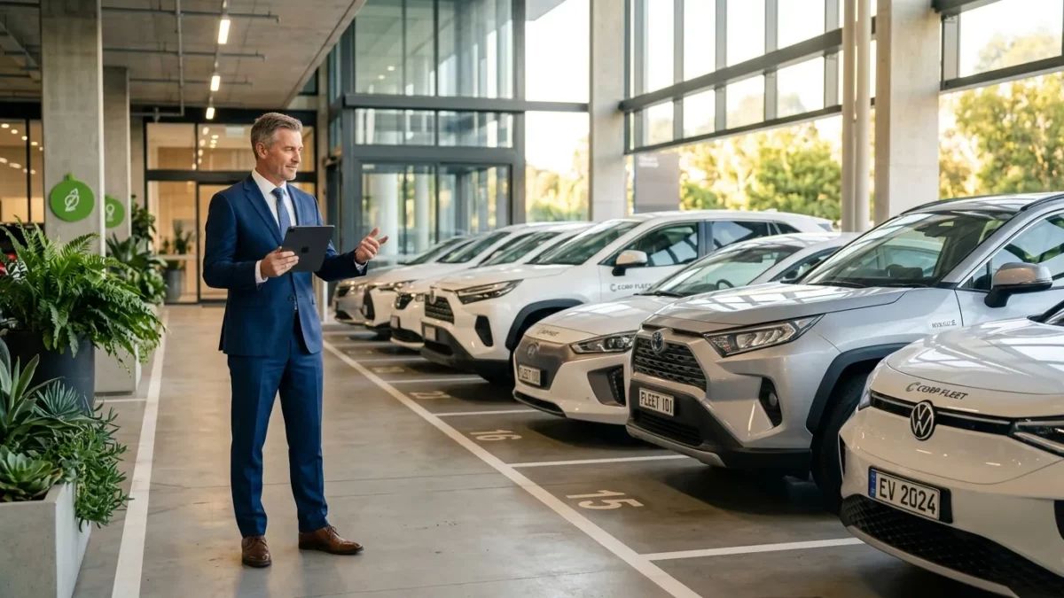 Homme en costume présente des voitures électriques blanches neuves