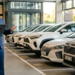 Homme en costume présente des voitures électriques blanches neuves