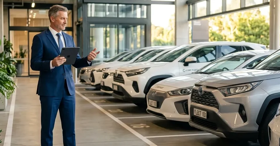 Homme en costume présente des voitures électriques blanches neuves