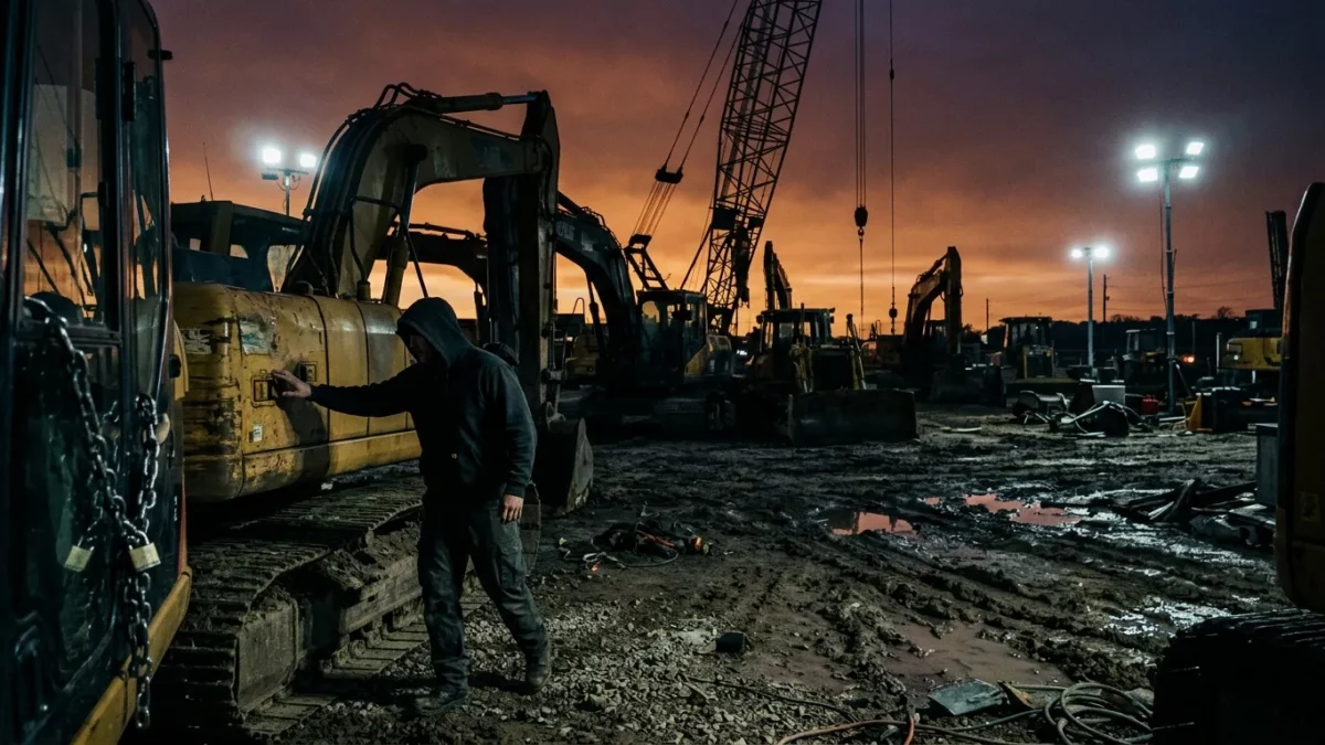 Ouvrier inspectant une excavatrice jaune sur chantier illuminé