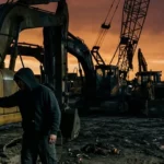 Ouvrier inspectant une excavatrice jaune sur chantier illuminé
